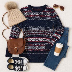 Tommy Hilfiger Navy Blue Classic Fair Isle Cotton Knit Sweater - Small